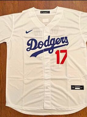 Nike Dodgers White Jersey with Blue Script and Red Number 17